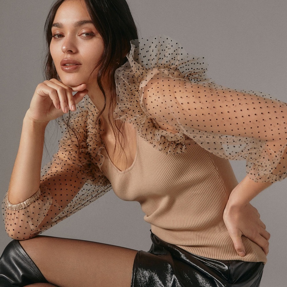 Anthropologie Dolan poka dot sheer sleeves  Ribbed sweater top M